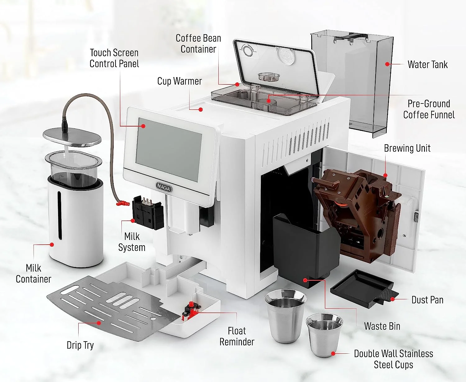 Zulay Kitchen Super Automatic Coffee Espresso Machine with Grinder and Milk Frother  - Espresso Coffee Maker - White Magia