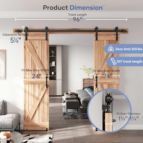 EaseLife 12 FT Double Sliding Barn Door Track and Handle Hardware Kit,Straight Pulley,Slide Smoothly Quietly,Easy Install (12FT Track Kit for 33"~36" Wide Double Door)