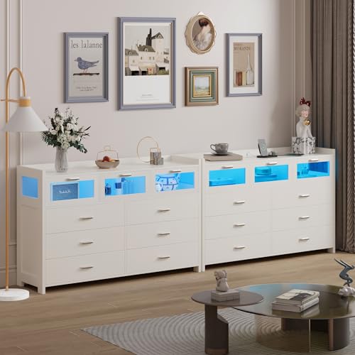 Black Dresser for Bedroom with 9 Drawers, Chests of Drawers with LED Lights and Charging Station, Modern Dresser with 3 Visual Drawers, Wood Wide LED Dresser for Bedroom, Closet, Entryway