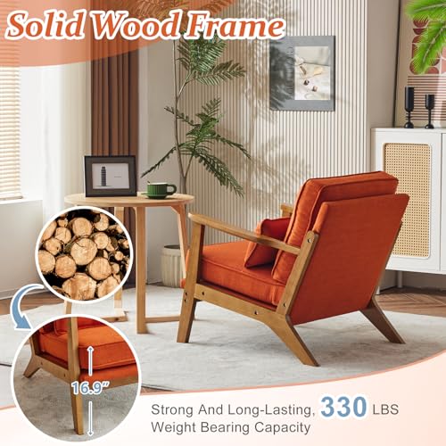 VINGLI Solid Wood Wide Armrests Accent Chair Set of 2,Upholstered Mid Century Modern Chair with Pillow,Comfy Reading Chair,Chairs Living Room,Bedroom,Guest Room,Linen Fabric,Navy Blue