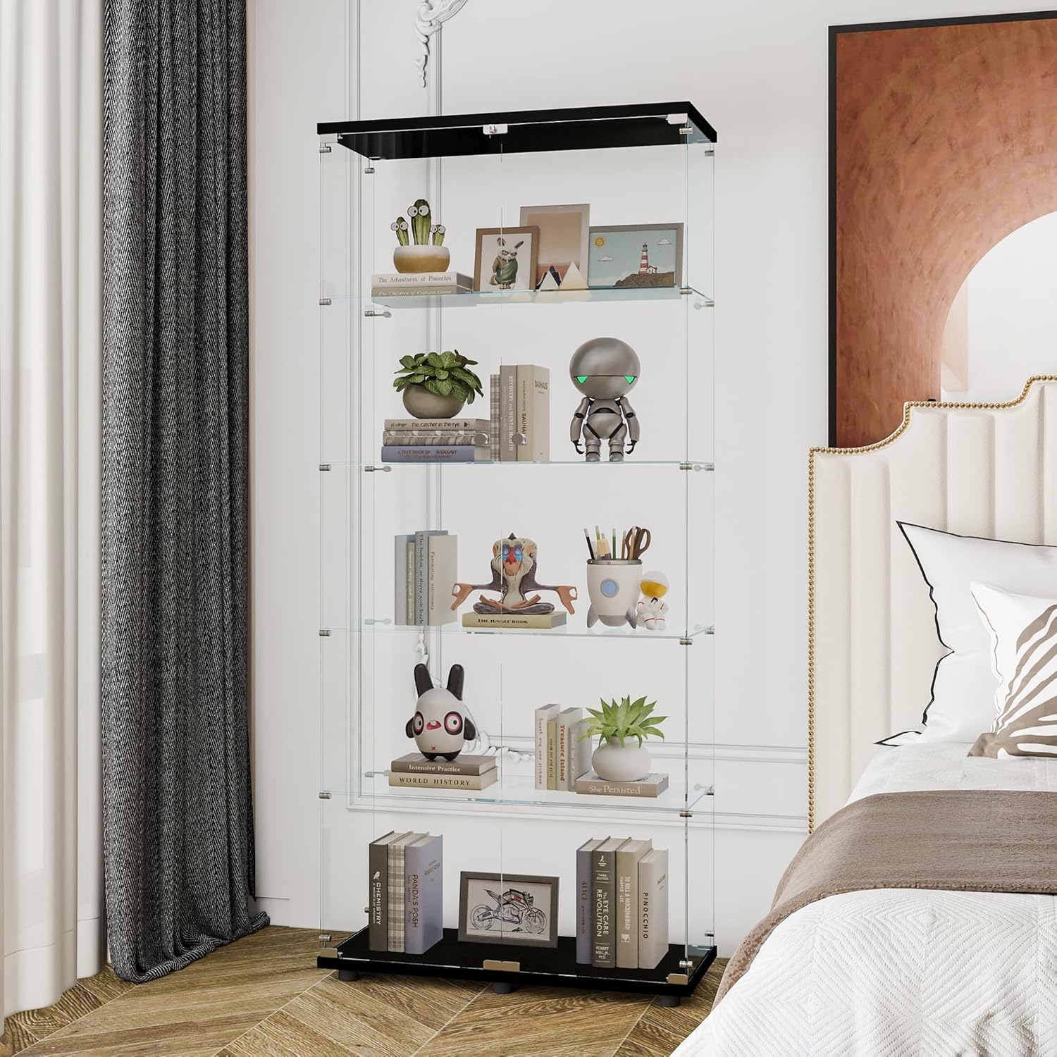 74 Inch High Storage Cabinets with Glass Doors, 5 Layers Glass Display Cabinet for Living Room, Floor Standing Glass Storage Shelf, Curio Display Cabinet Bookshelf for The Study, Black