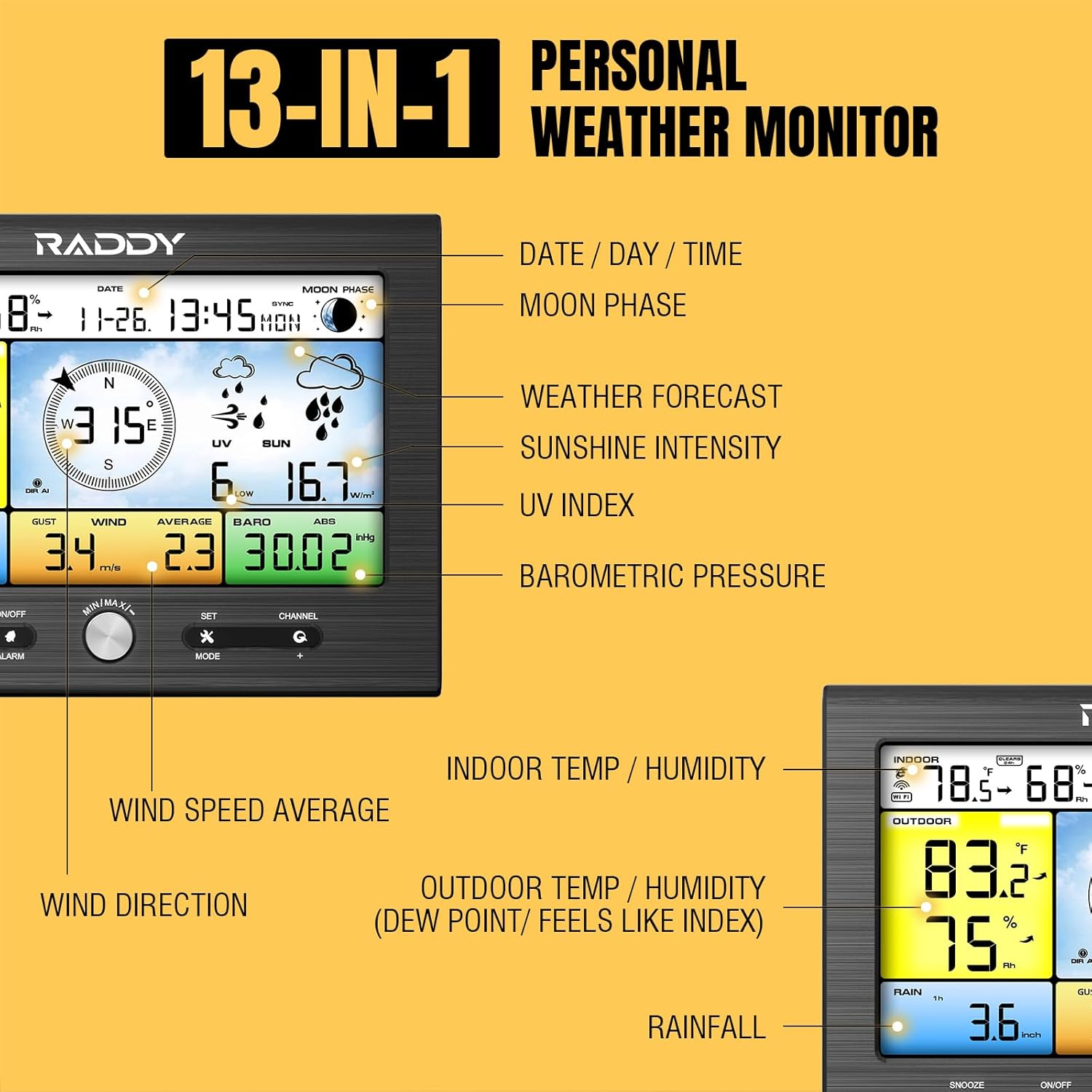 Raddy WF-100SE 13-in-1 Weather Station Wi-Fi, Wireless Weather Station Indoor Outdoor with Rain Gauge, Wind Gauge, UV Index, Barometric, Weather Forecast, Moon Phase for Home, Garden