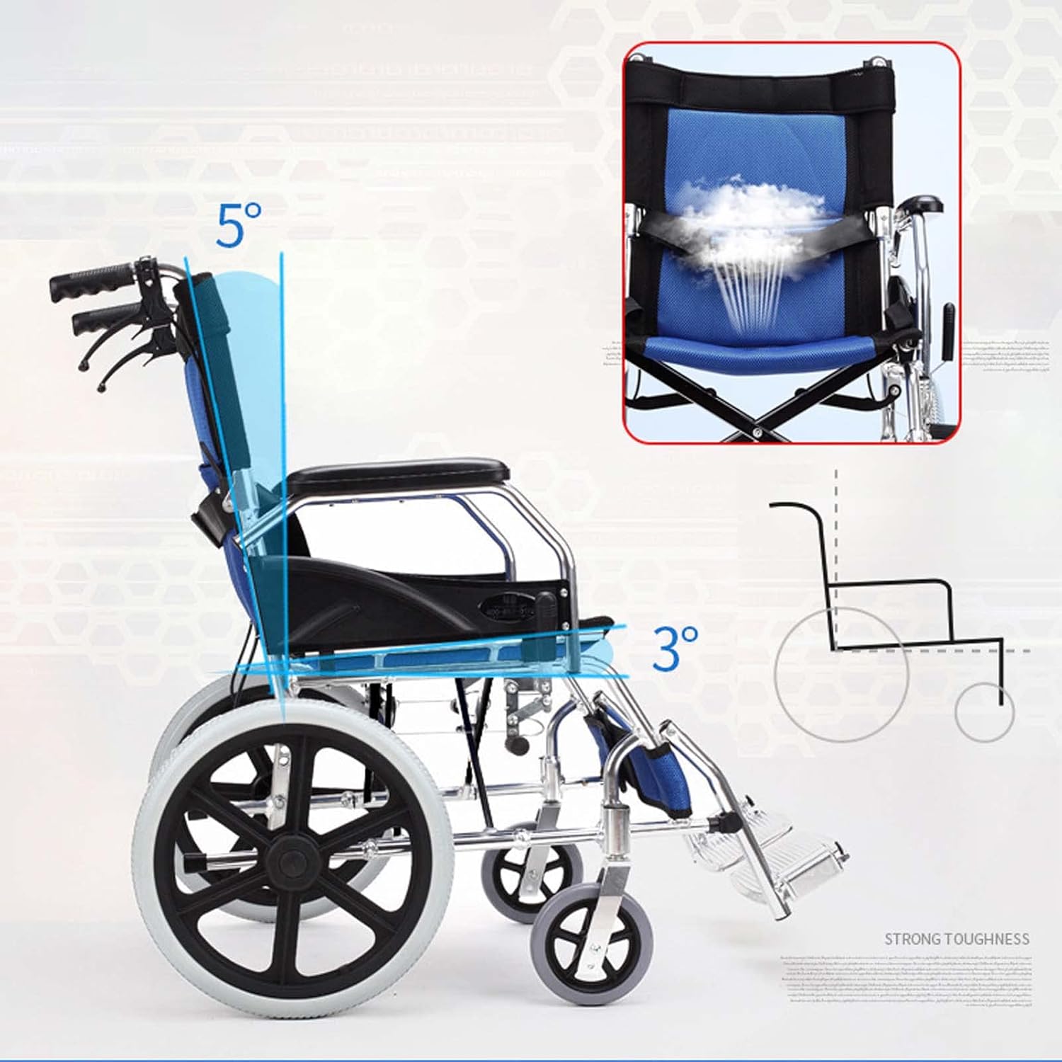 Lightweight Transport Wheelchair with Handbrakes, Folding Transport Chair for Adults with Swing-Away Footrest,Foldable Wheel Chair and Lightweight Folding Wheelchair for Storage and Travel,16 in Rear