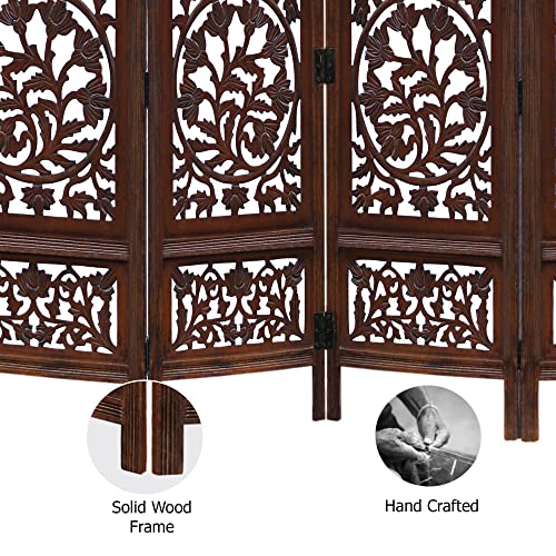 Room Divider Wood Screen - Ghanti Bells Antique Brown - 4 Panel Folding 72 x 80 - Assembled Hand Carved Decorative Functional Versatile Portable Partition Reversible Privacy Boho - COTTON CRAFT