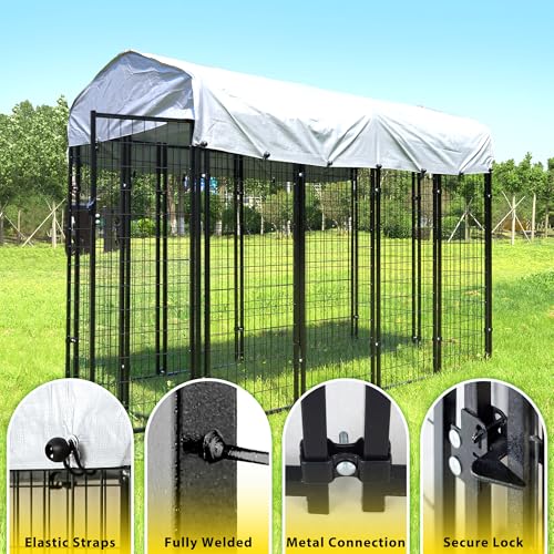 Large Outside Dog Kennel,Outdoor Dog Run Enclosure 8'x4'x6' Dog Pen House with Roof Cover Heavy Duty Welded Wire Steel Dog Playpen Animal Fence Without Feeding Door