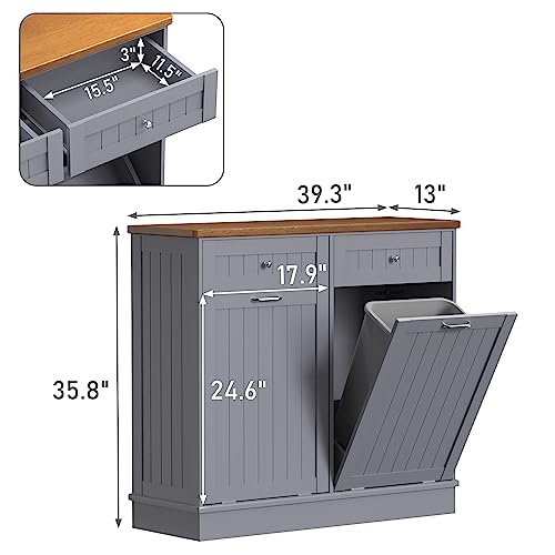 Double Tilt Out Trash Cabinet 20 Gallon,Antique-style Beadboard Trash Can Cabinet Kitchen with Solid Wood Tabletop & Drawer, Pet Proof Trash Can, Wood Laundry Cabinet (Black)