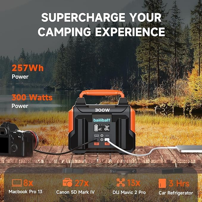 Portable Power Station 300W 257wh Lithium Battery Bailibatt Small Portable Generator for Home Use Camping Travel Emergency Hunting Outdoor - Black