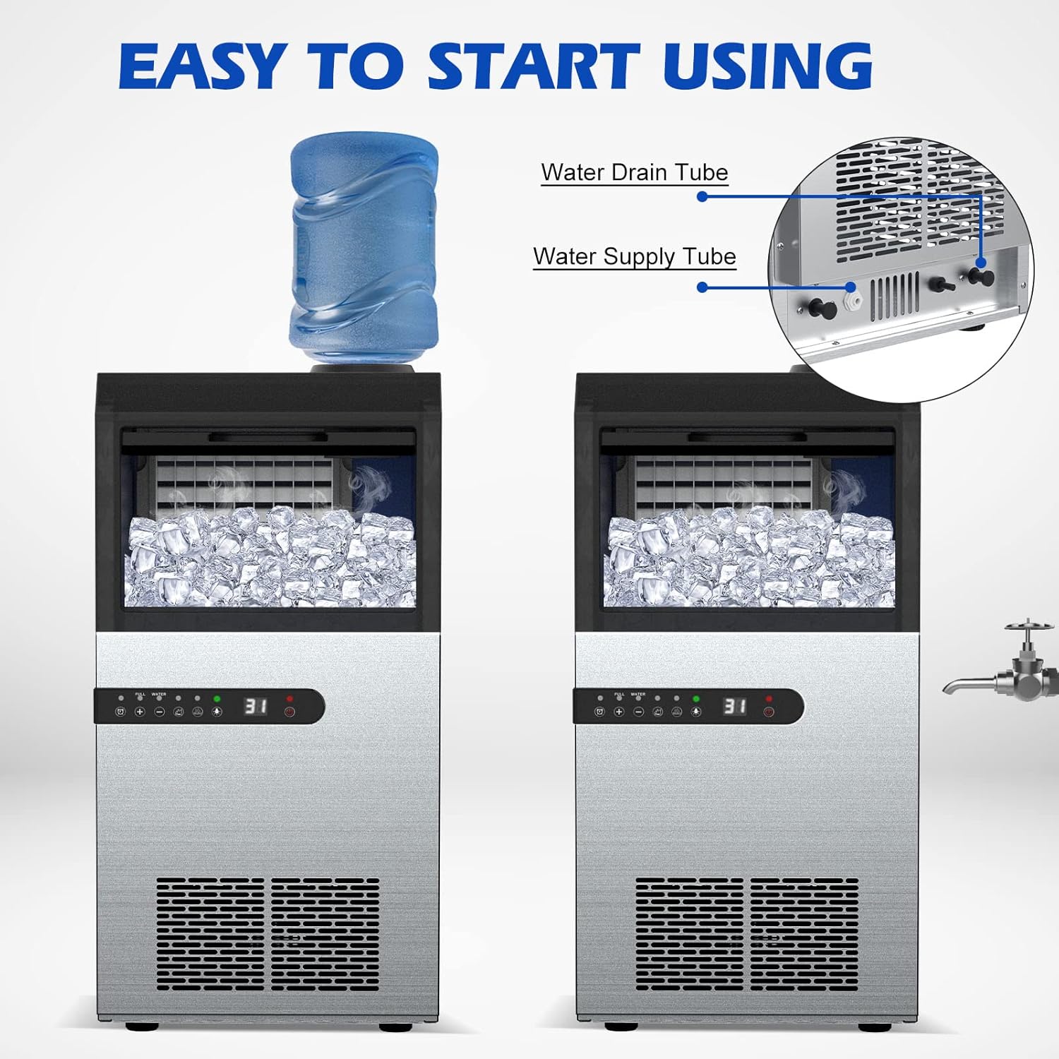 Commercial Ice Maker Machine, 100Lbs/24H Ice Production Under Counter Ice Maker, Tap Water & Top Loading Freestanding Ice Machine, 45 Ice Cubes/Cycle, Include Ice Scoop, Connection Hose
