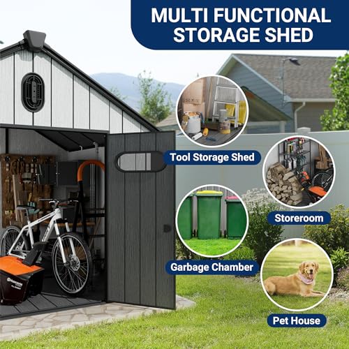 6x6 FT Outdoor Resin Storage Shed, Plastic Shed w/Air Vents & Window for All Weather Resistant, with Floor & Lockable Door, Waterproof for Bike, Garbage Cans, Tools