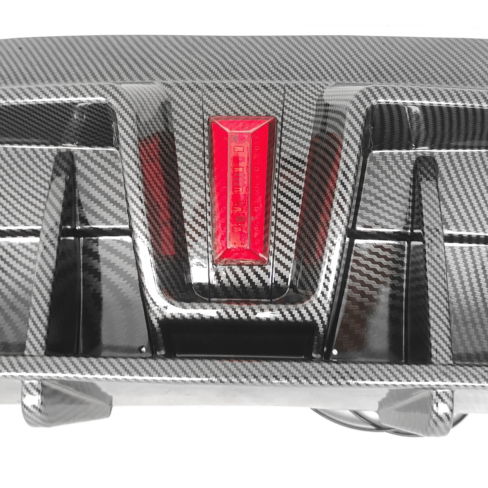 Ikon Motorsports Rear Diffuser Lip Compatible With 2020-2023 Tesla Model Y Sport 4-Door Carbon Fiber Print IKON Style PP Rear Lower Bumper Protector Lip With LED Lamp