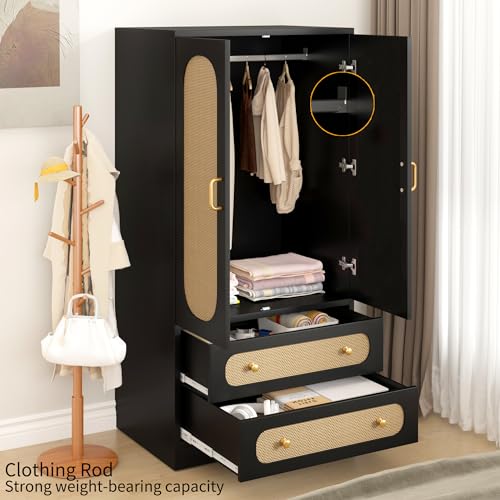 2 Door Wood Wardrobe Bedroom Closet, Rattan Wardrobe Cabinet with 2 Drawers & Hanging Rail, Freestanding Large Capacity Storage for Dormitory, Apartment, (Black)