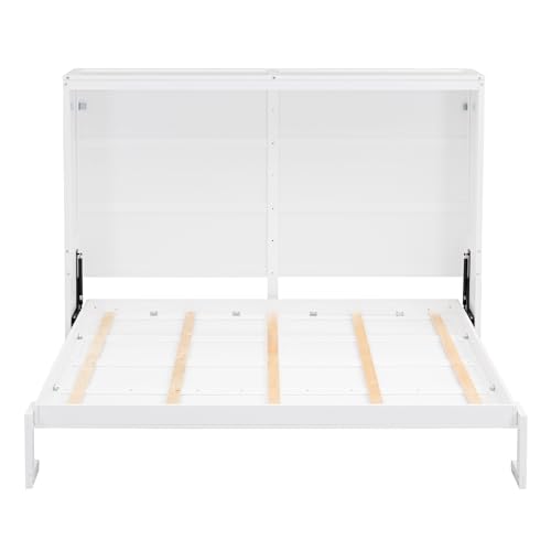 MERITLINE Queen Horizontal Murphy Bed Cabinet with Storage Bookcase Shelves and Charging Station,Wood Folding Grey Murphy Wall Bed for Adult