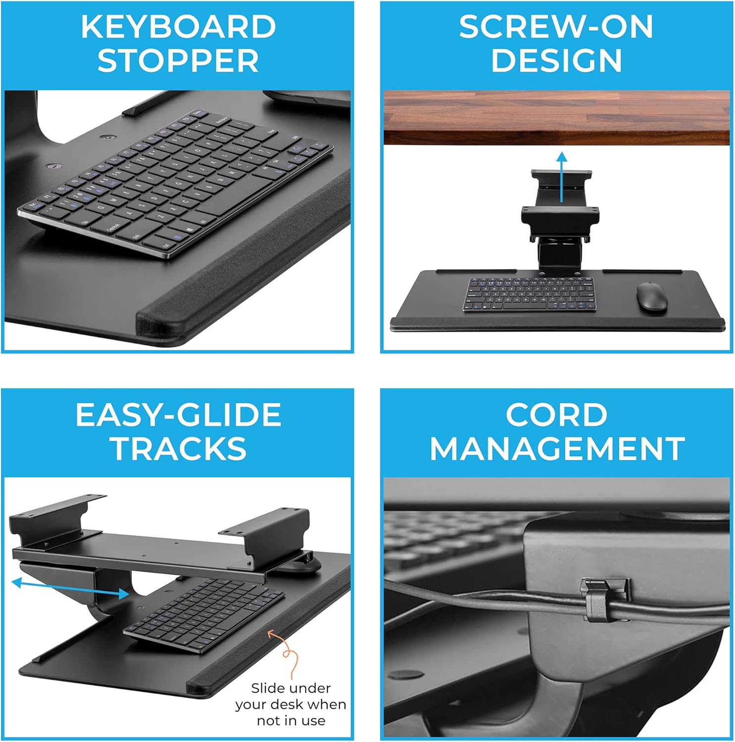 Stand Steady Under Desk Keyboard Tray | Adjustable Tilting Keyboard Shelf for Ergonomic Typing | Screw On Under Desk Storage with Cable Clips (26.5in x 10in / Black)