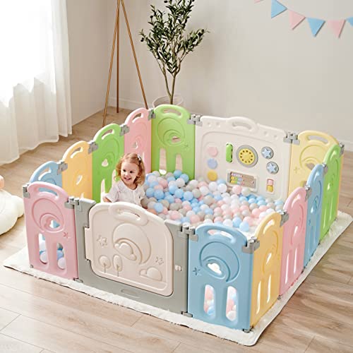 Fortella Cloud Castle Foldable Playpen, Baby Safety Play Yard with Whiteboard and Activity Wall, Indoors or Outdoors (Gray, 14 Panel)