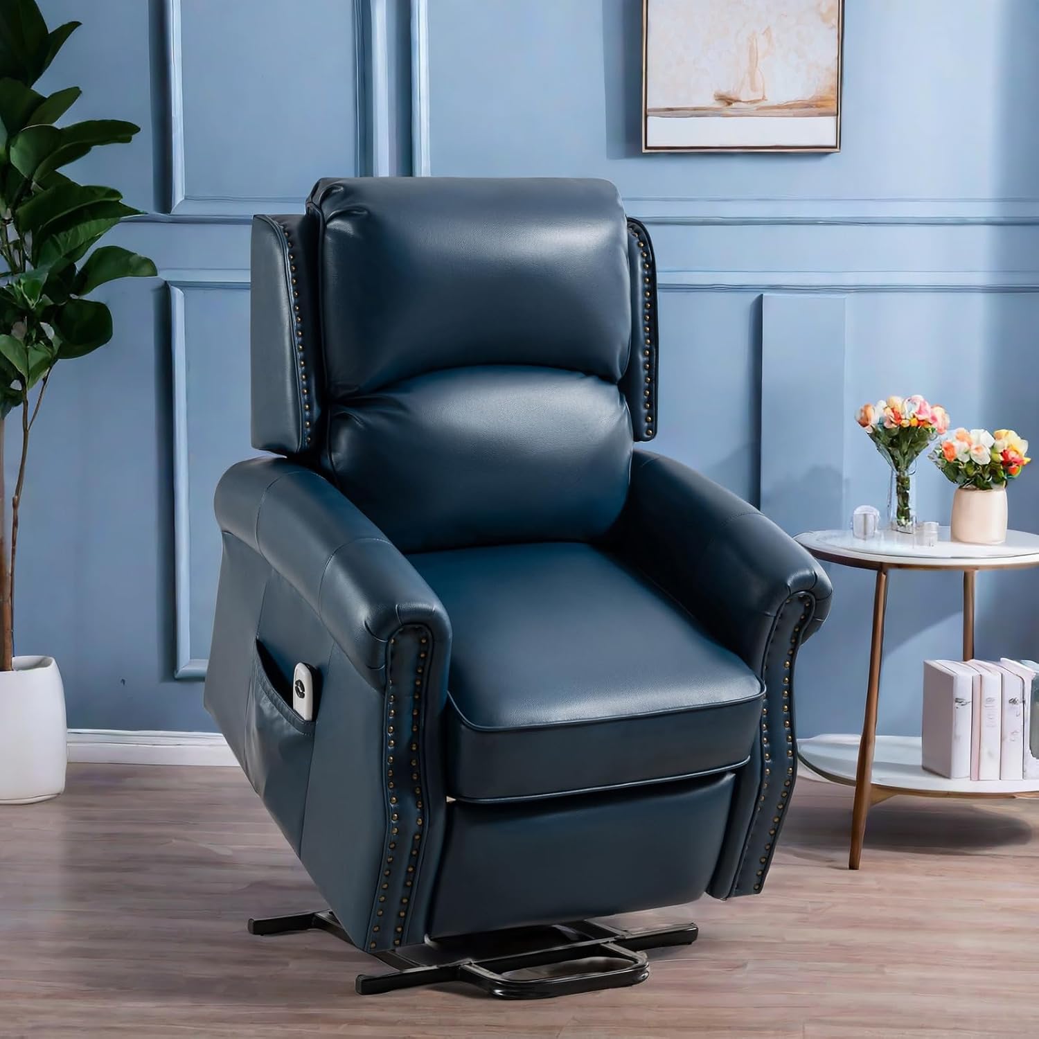 Electric Power Lift Faux Leather Recliner Side Pocket for Storage Chair, Navy Blue