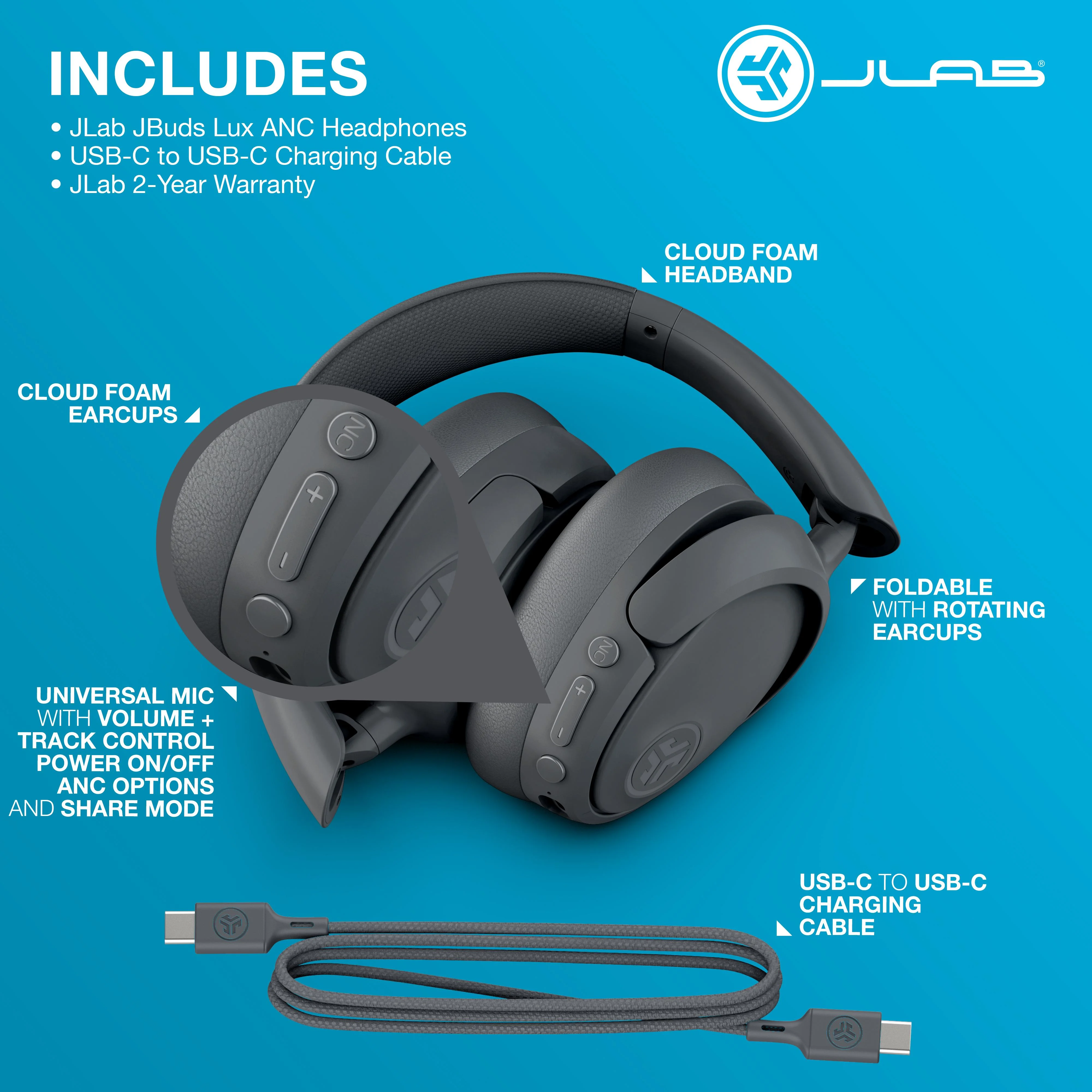 JLab JBuds Lux Active Noise Cancellation Bluetooth Over Ear Headphones, Multipoint, Fast Charge, Graphite