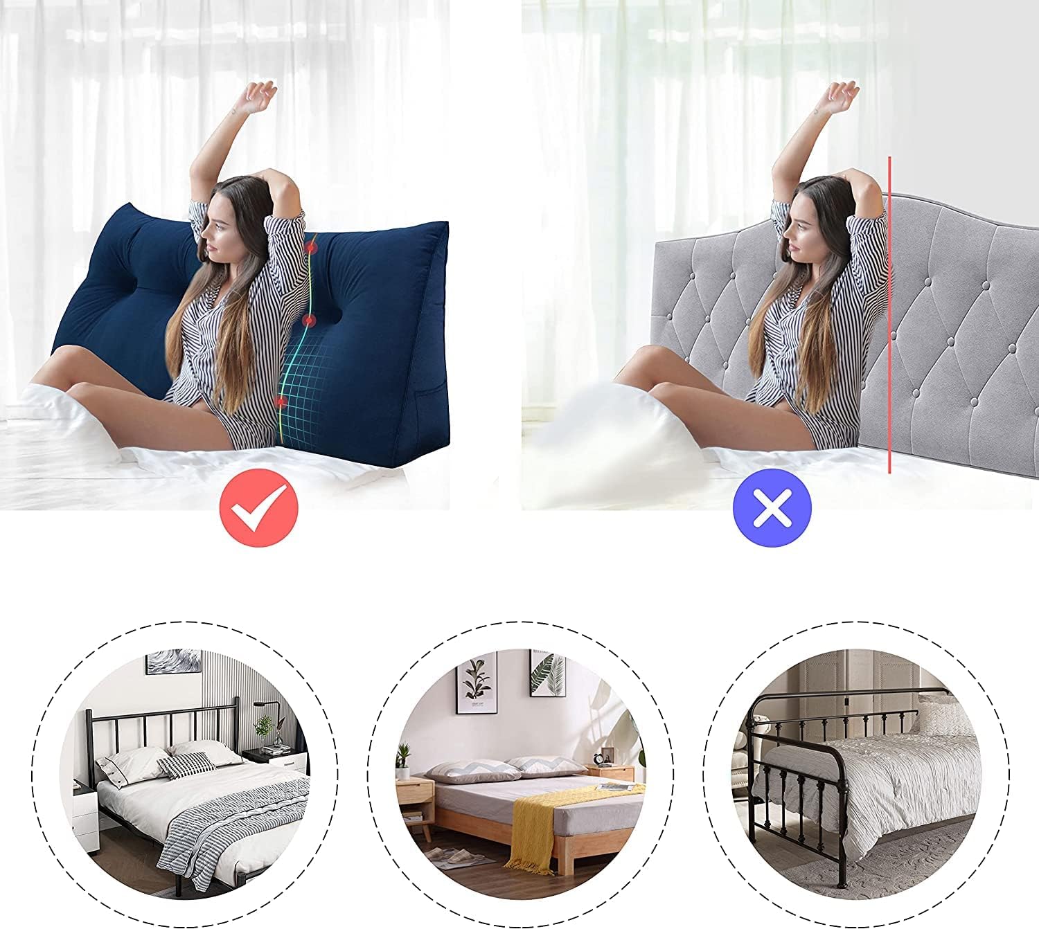 Roner Ergonomics Headboard Reading Pillow Back Support for Sitting Up in Bed Large Adult Backrest Wedge Lounge Cushion Body Positioning Bedrest Velvet Deep Blue Full