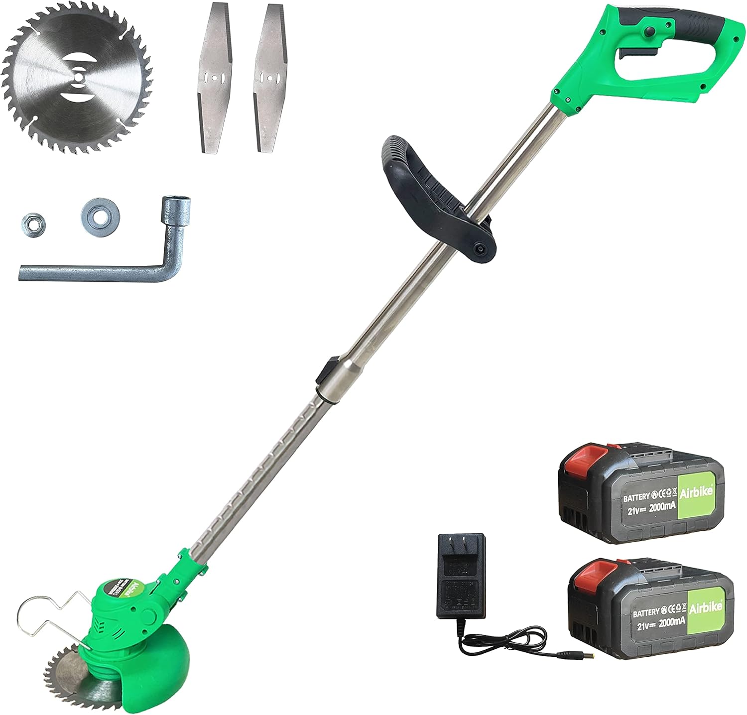 Airbike Brush Cutter Weed Wacker Weed Eater Edger Lawn Tool, Powerful, Lightweight, for Lawn, Yard, Garden, Shrub Trimming and Pruning (Green Tool w/ 2 Batteries)