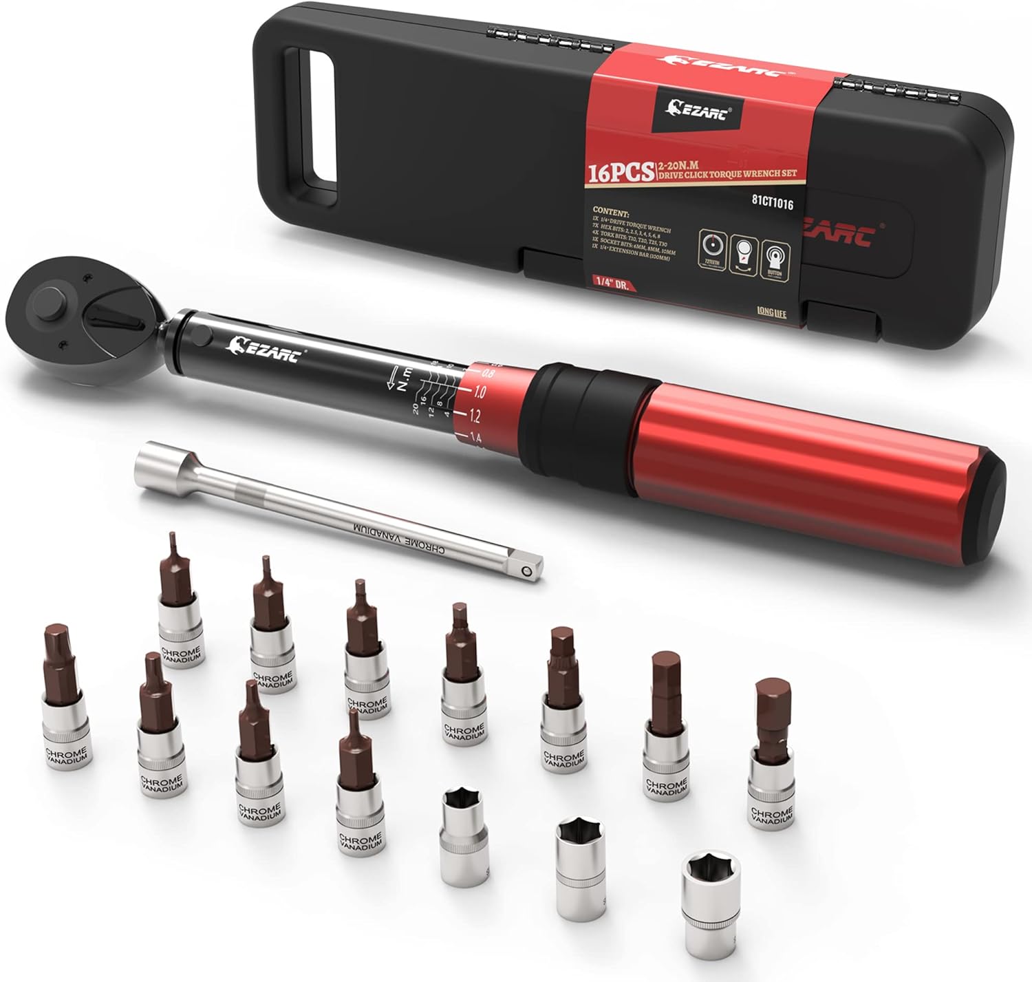 EZARC 1/4 inch Drive Click Bike Torque Wrench Set with Double Scale 2-20 Nm/17.7 - 177.0 in-lb Bike Maintenance Kit for Road Mountain Bicycle Repair