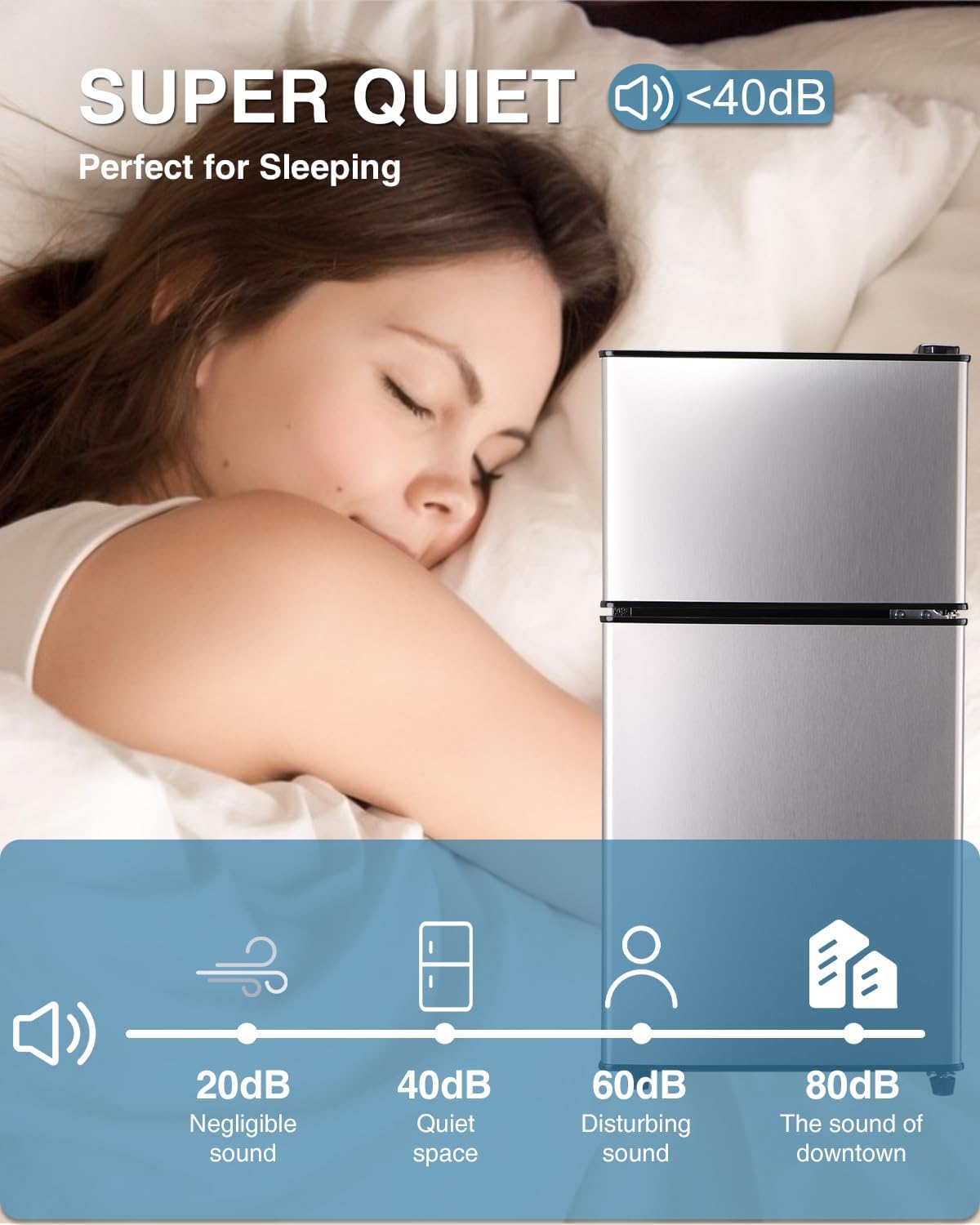 3.5 Cu.Ft Mini Fridge with Freezer, Double Door, Small Refrigerator,7-Level Adjustable Thermostat, Quiet Mini Fridge for Bedroom, Dorm, Office, Apartment Silver