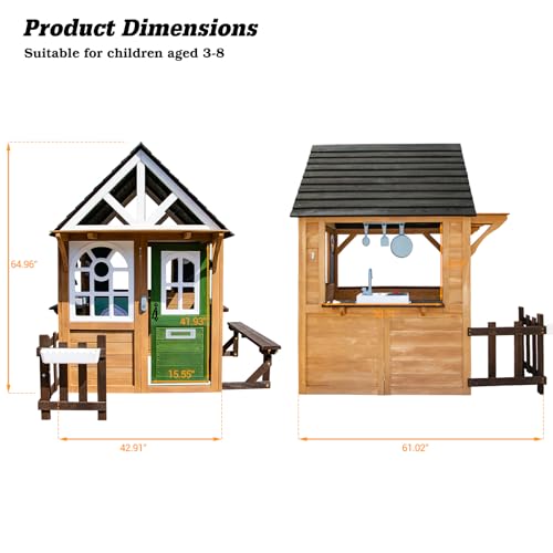 Kids Playhouse Outdoor,Wooden Play House Playset for Kids, Large, Sturdy, Realistic Design with Kitchen, Doorbell, Flower Pot, Stove, Sink & Clock, Perfect for Kid Ages 3-8 (Gray)