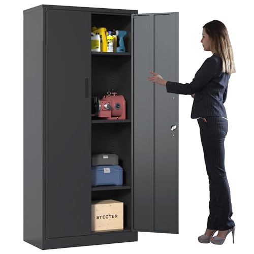 Metal Storage Cabinet with Wheels, Lockable Garage Cabinet with Doors and Shelves, Rolling Tool Storage, Assembly Required, Black