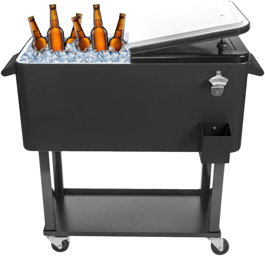 80 Quart Rolling Ice Chest, Portable Patio Party Bar Drink Cooler Cart, with Shelf, Insulated Rolling Cooler Cart with Bottle Opener, Mobile Cooler on Wheels, Rolling Cooler Cart