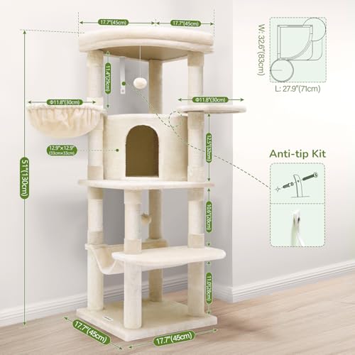 Globlazer Corner Cat Tree for Large Cats, 66inch Tall Curved Series Large Cat Tower for Multiple Indoor Cats with 6 Scratching Posts, 2 Spacious Cat Condos, Hammock, Hanging Basket, C66, Beige