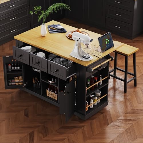 53" Rolling Large Kitchen Island Set with Power Outlet,Mobile Carts with Storage Cabinet,Extra Drop Leaf,3 Drawers and 5 Open Side Racks,Wood Table for Dining Room (Island & Stools)