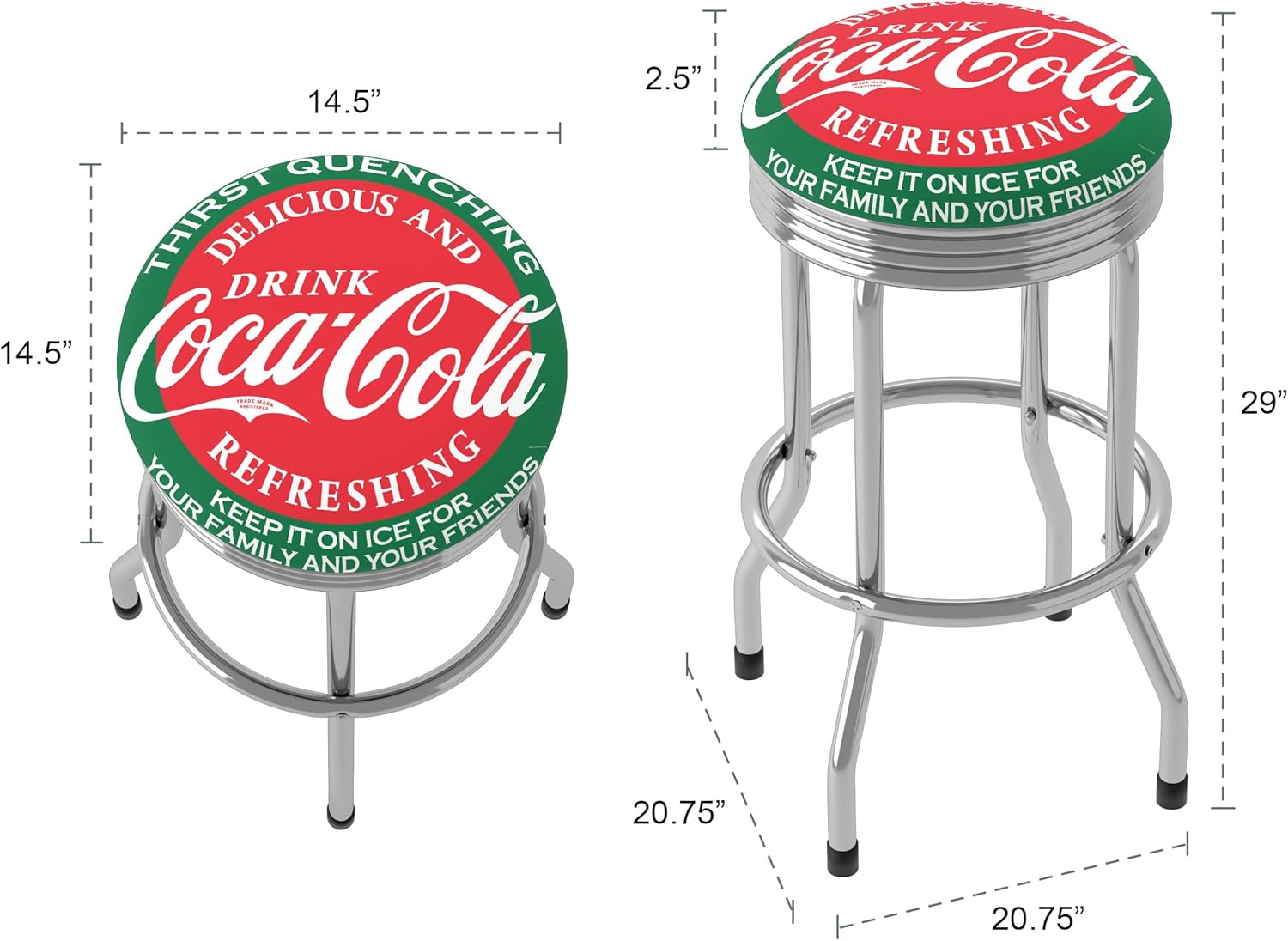 Bar Stool - Coca-Cola Ice Cold Bottle Stool with Retro Chrome Ribbed Side - Swivel Chair for Game Room, Garage, or Home Bar by Trademark Gameroom