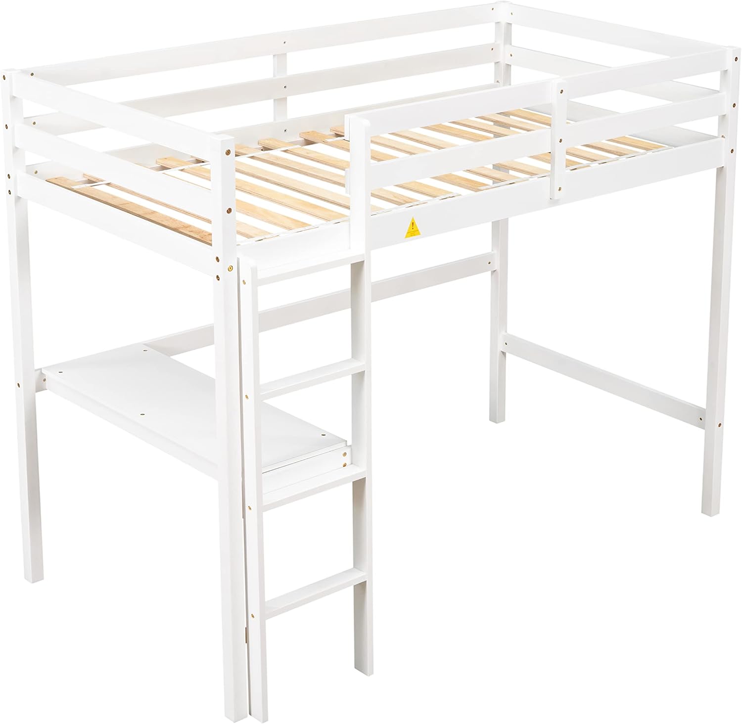 Wooden Twin Size Loft Bed with Desk and Ladder, Sturdy Loftbeds for Kids Teens Bedroom, White