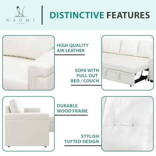 Naomi Home Jenny Sectional Sofa Sleeper with Storage Chaise, Tufted Pull Out Couch with Storage, L-Shaped Reversible Sleeper Sofa with Storage, Black,Air Leather