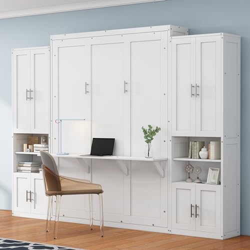 Queen Size Murphy Bed Wall Bed with 2 Side Cabinet Storage Shelf & Desk Combo,68-inch Vertical Wall Bedframe w/Can Be Folded for Bedroom Guest Room Small Space, White