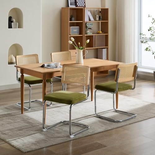 Mid-Century Modern Velvet Accent Dining Chairs Set of 2 - Natural Cane Rattan Back with Stainless Chrome Cantilever Base, Upholstered for Ultimate Comfort in Your Kitchen or Dining Room (Olive Green)