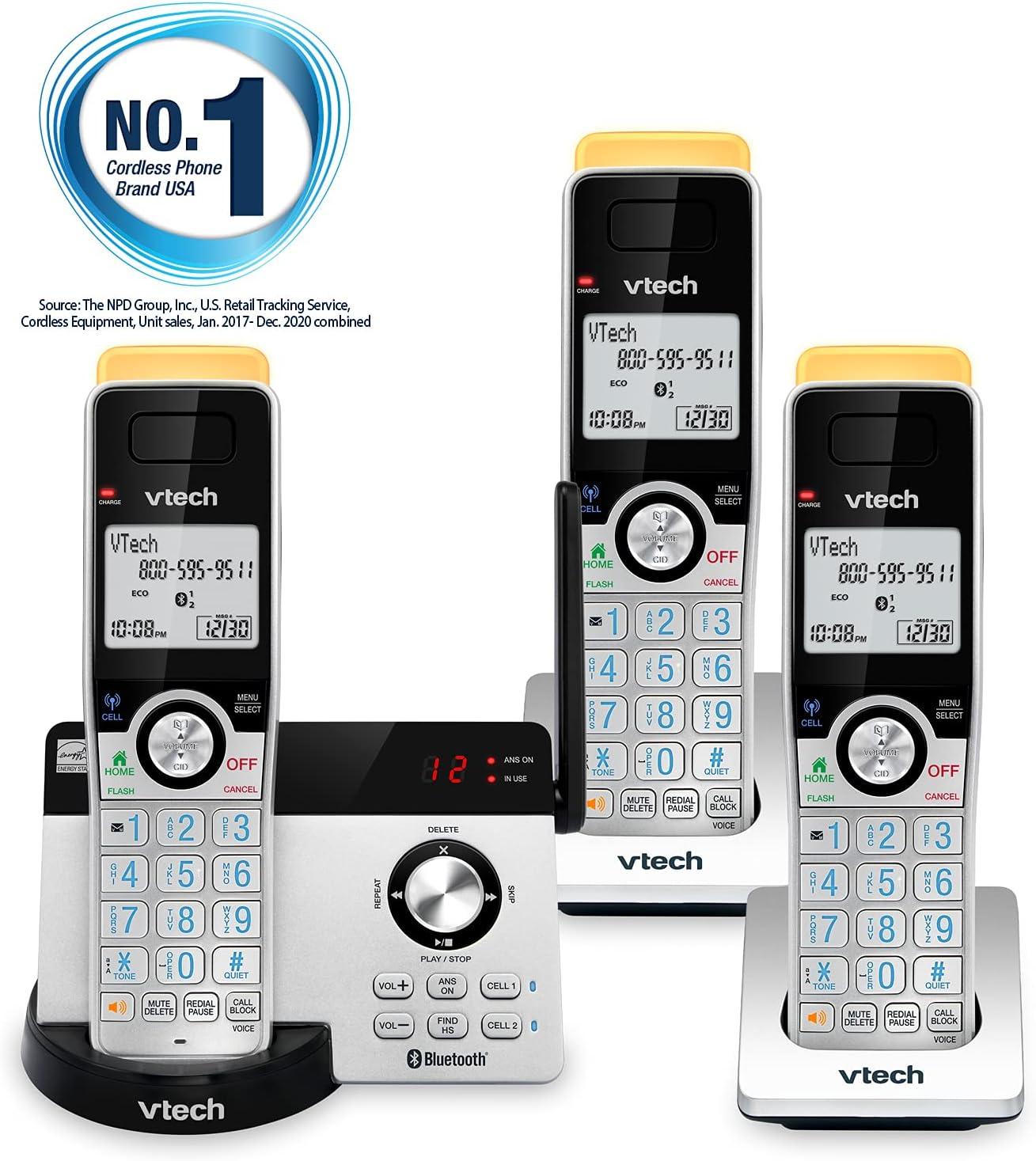 VTECH IS8121-4 Super Long Range up to 2300 Feet DECT 6.0 Bluetooth 4 Handset Cordless Phone for Home with Answering Machine, Call Blocking, Connect to Cell, Intercom and Expandable to 5 Handsets