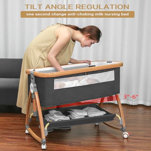 Bedside Bassinet for Baby,Baby Bassinet Bedside Sleeper,Bassinet Bedside Sleeper with Wheels,Storage Basket,Mosquito Nets,Easy to Assemble Bassinet for Newborn/Infant,Adjustable Bedside Crib