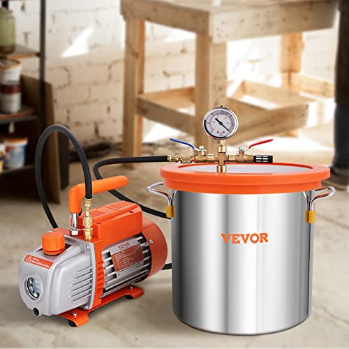 VEVOR Vacuum Pump 7 CFM 3/4HP Dual Stages Air Conditioning Vacuum Pump 2Stage with 5 Gallon Vacuum Chamber Ultimate Vacuum Manifold Gauge Set, Manifold Gauge and Hose for Air Conditioning Systems
