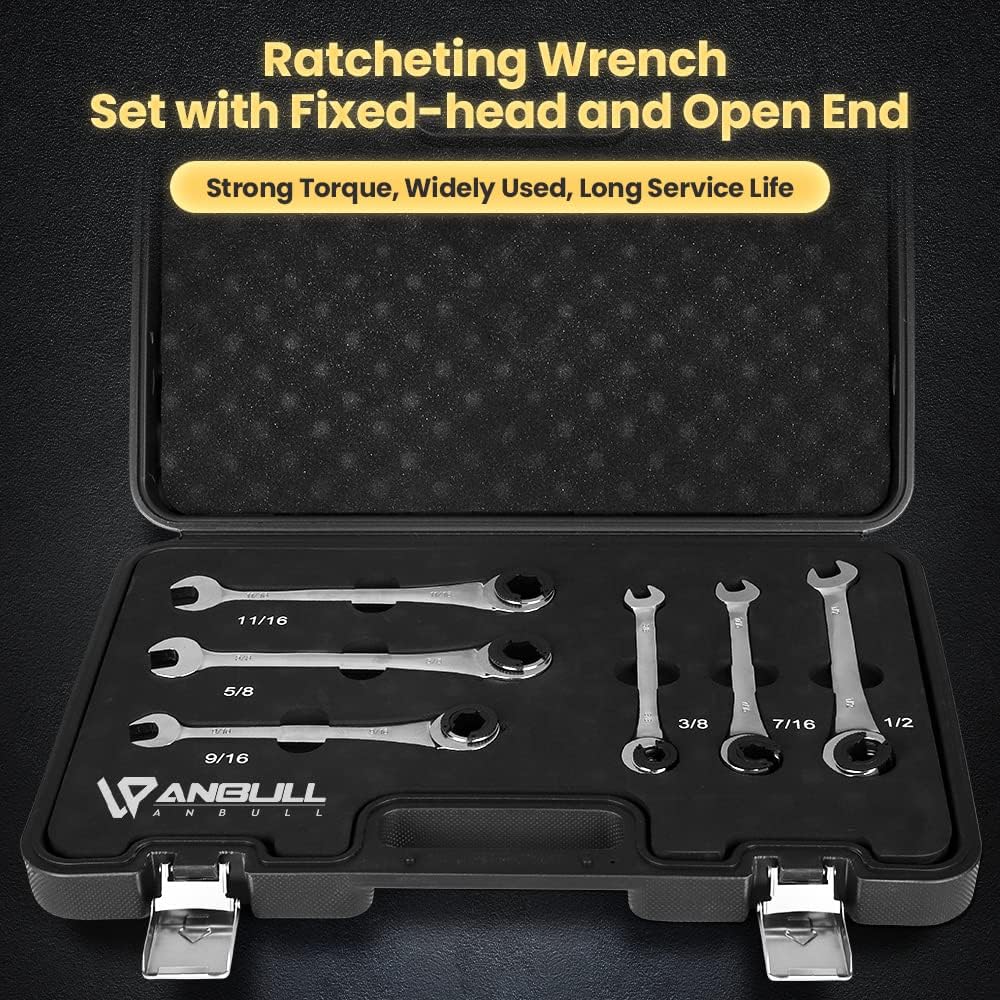 Anbull Combination Ratcheting Wrench Set SAE with Open End, Tubing Ratchet Wrench Chrome Vanadium Steel 3/8'' 7/16'' 1/2'' 9/16'' 5/8'' 11/16'' 6PCS