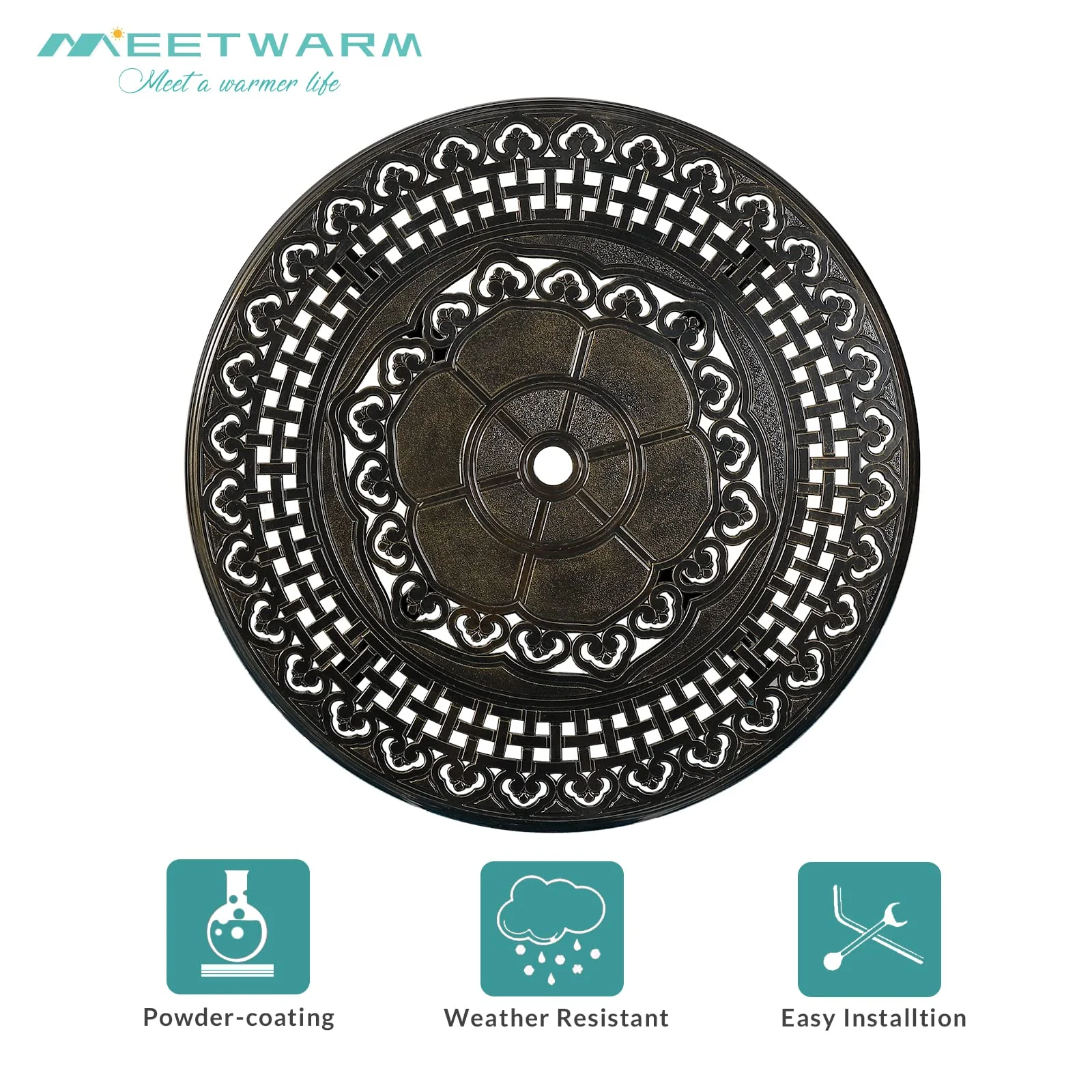 MEETWARM 38.5" Round Patio Dinning Table, Outdoor Cast Aluminum Dinning Table with 2" Umbrella Hole, Dark Bronze