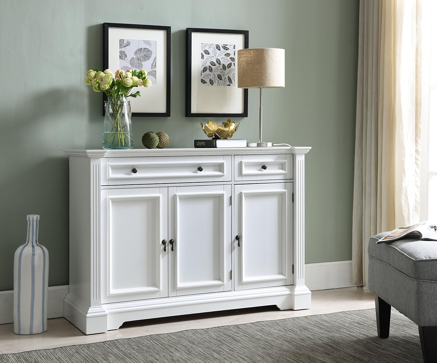 Kings Brand Furniture White Finish Wood Buffet Breakfront Cabinet Console Table With Storage, Drawers, Shelves