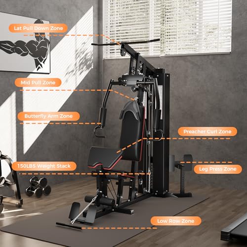 Multifunctional Home Gym Equipment, Workout Station with 150LBS Weight Stack, Full Body Workout Equipment with Pulley System, All in One Workout Machine with Leg Press
