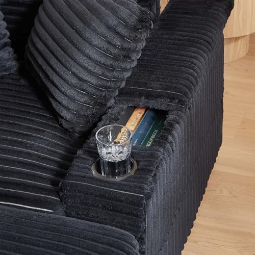 Modern Chaise Longue Indoor, 86.6" Oversized 3 Seater Lounge Sofa Chaise with Movable Ottoman/Storage Armrests/Cup Holders, Corduroy Deep Seat Sectional Cloud Sofa Couches for Living Room, Green