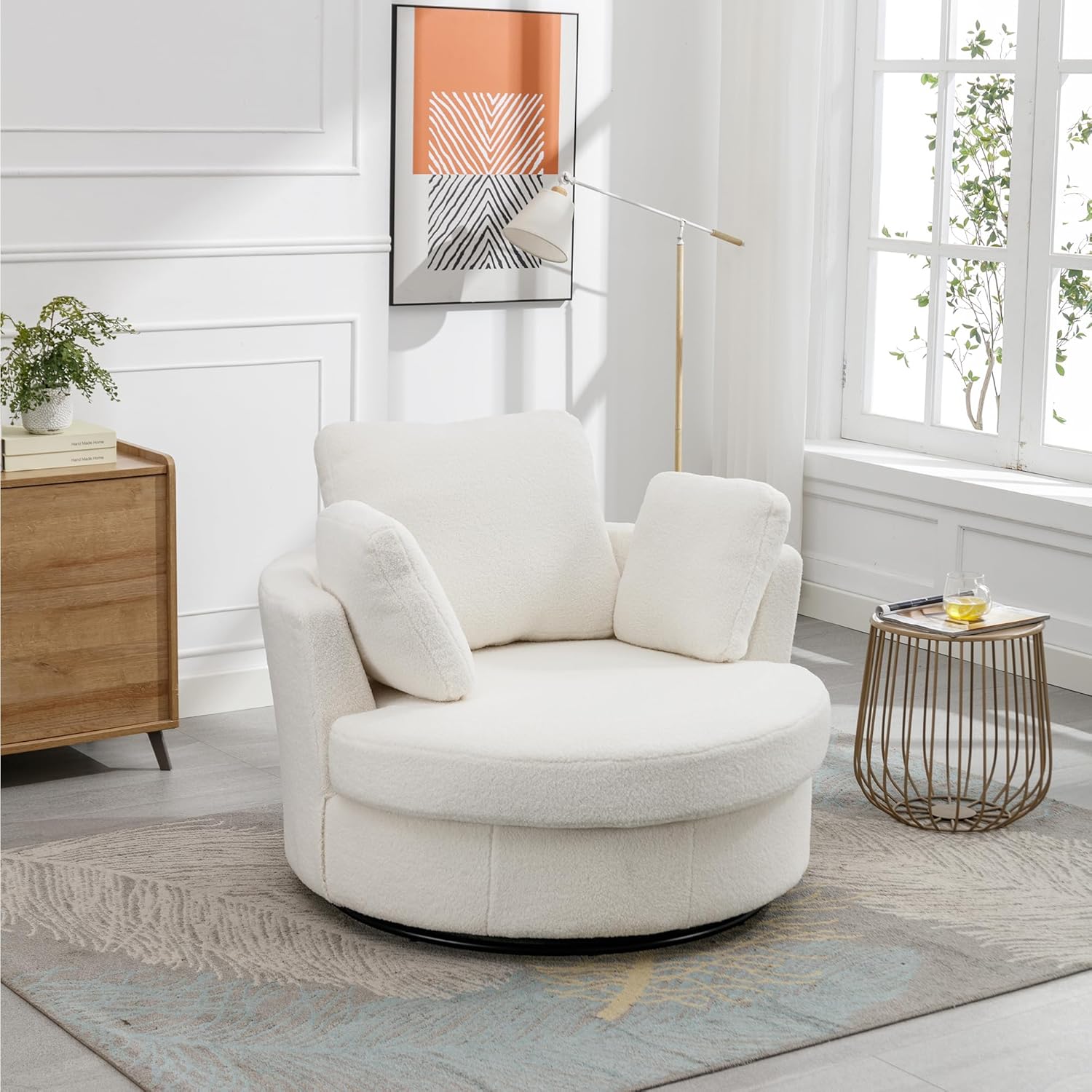 HomSof 42.2" W Swivel Accent Barrel Chair and Half Swivel Sofa with 3 Pillows 360 Degree Swivel Round Sofa Modern Oversized Arm Chair Cozy Club Chair for Bedroom Living Room Lounge Hotel,Ivory Sherpa
