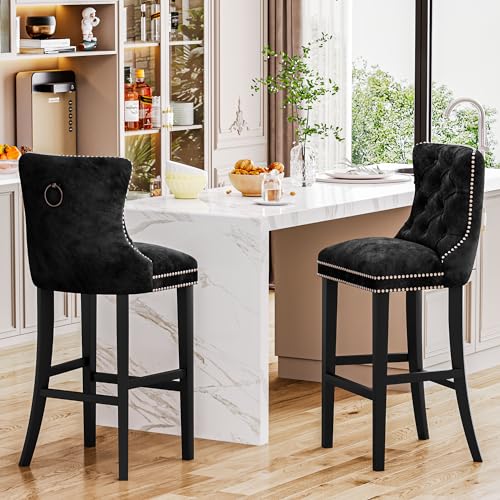 Recaceik Velvet Counter Height Bar Stools Set of 2, Upholstered Tufted Bar Stools with Back, 27" Kitchen Counter Stool for Island, High Back Kitchen Island Chairs for Home Bar, Dining Room(Blue)