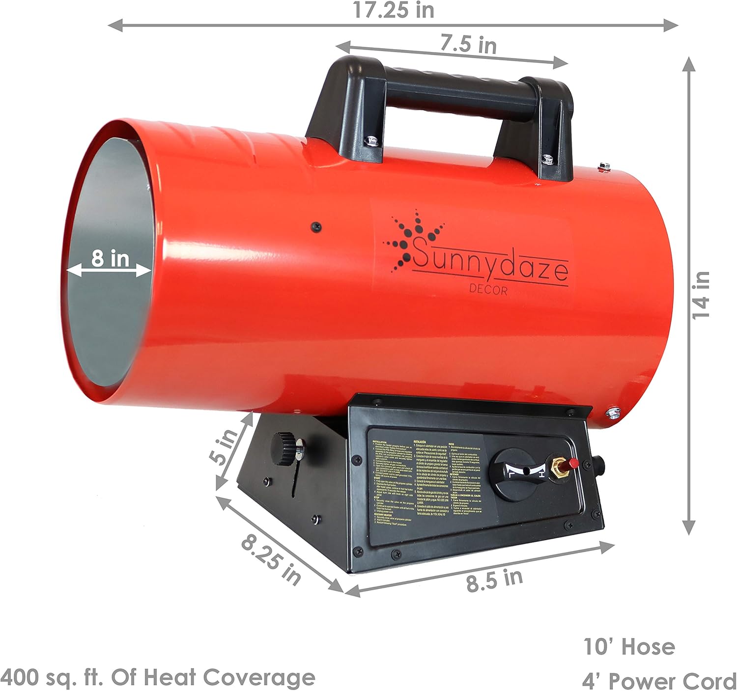 Sunnydaze 60,000 BTU Forced Air Propane Heater - Portable Heat for Construction Sites - Auto-Shutoff for Overheating Protection - Adjustable Heating Output - Piezo Ignition - Red and Black