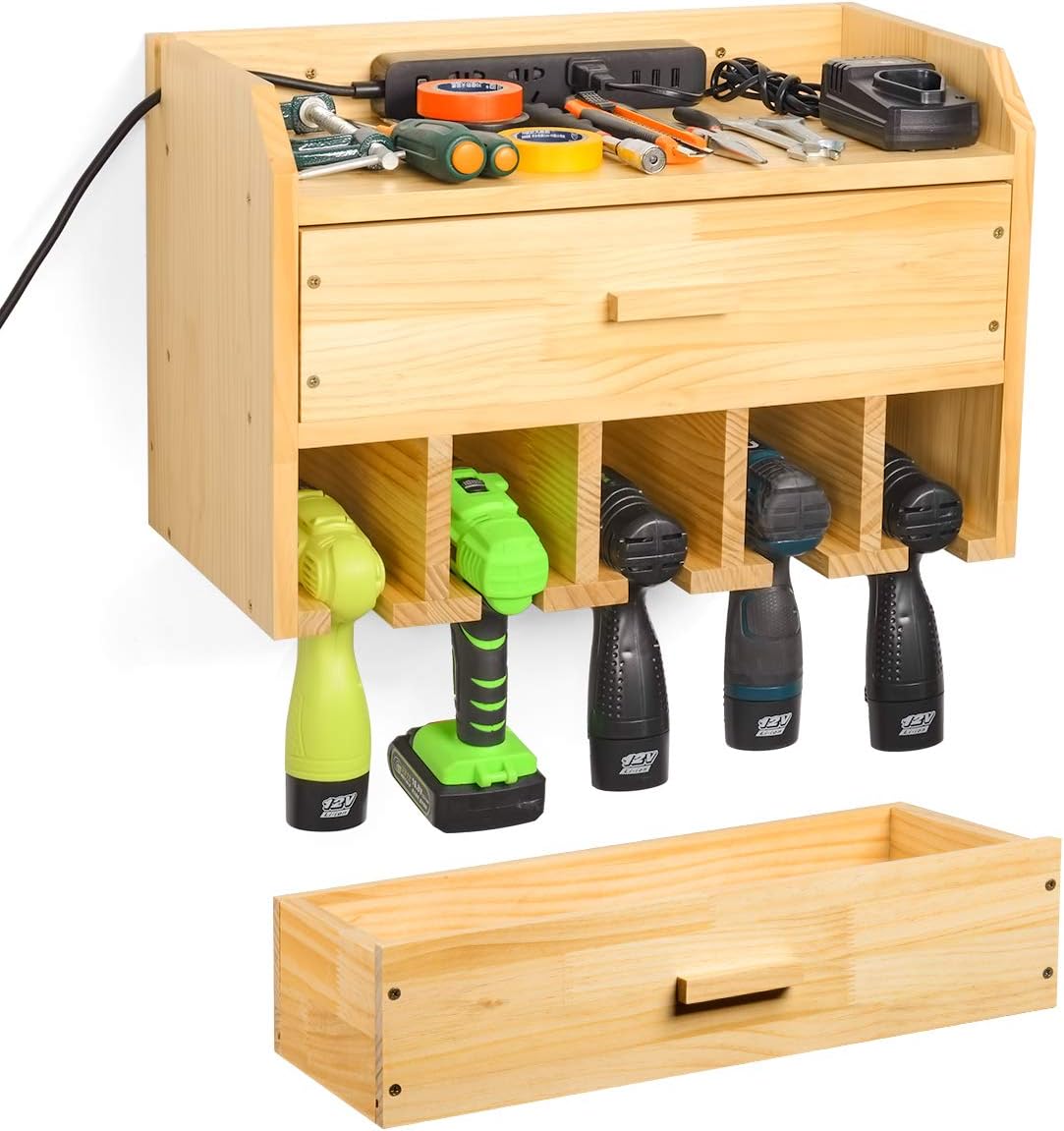 Power Tool Organizer Storage Wall Mount Drill Charging Station, Drill Holder Garage Tool Cabinet Storage with Drawer for Workshop Workbench- Wooden Brown, Easy Assembly Pack of 2