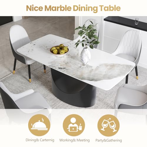 Modern Rectangle Marble Dining Table,63" White Marble Sintered Stone Top Dining Table,Rectangle Dining Room Table with Unique U-Shape Black Carbon Steel Pedestal for Kitchen/Living Room(Table Only)