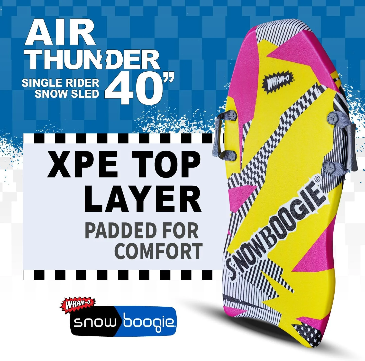 Snowboogie Wham-O Air Thunder 40" 2 Pack | Single Rider Snow Sleds with Side Handles | PE Foam Core for Better Comfort | Snow Sledding for Adults & Children ( YELLOW, 2PACK)