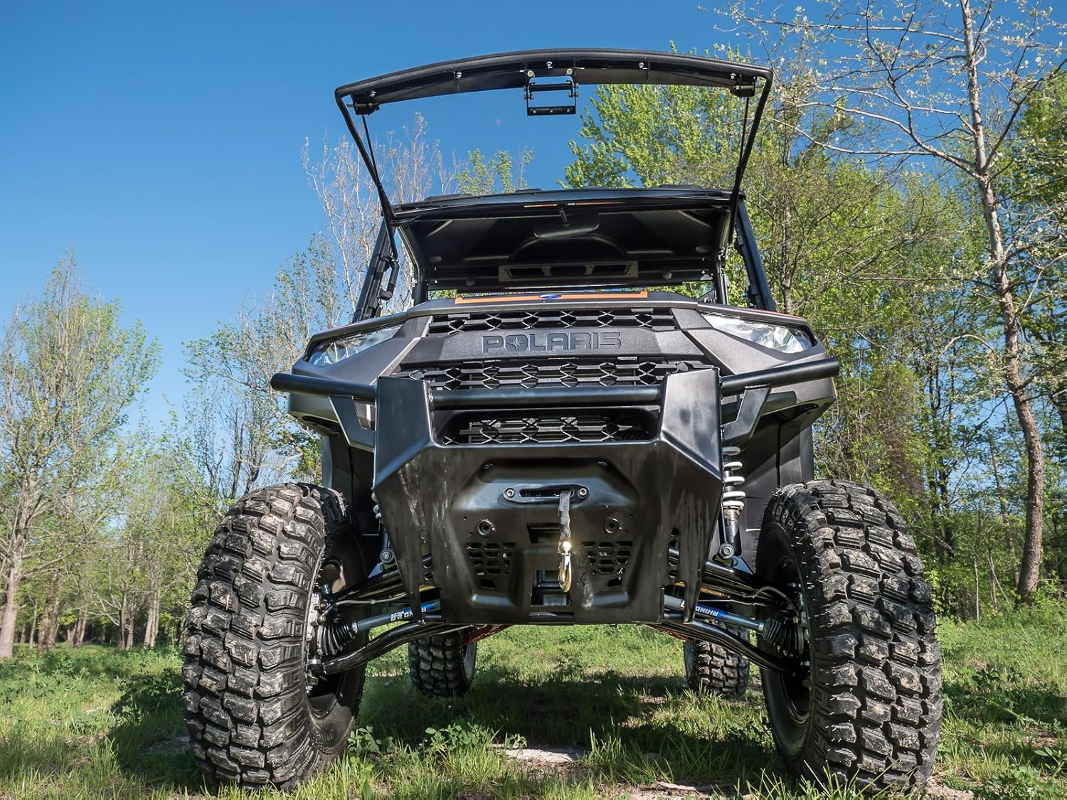 SuperATV Heavy Duty Scratch Resistant Flip Windshield for 2018+ Polaris Ranger XP 1000/1000 / Crew (See Fitment) | 1/4 Thick Polycarbonate 25X Stronger Than Glass | All Weather Design | USA Made!