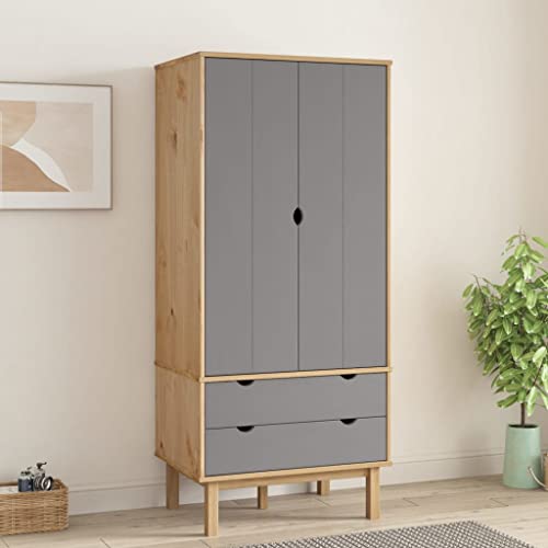 Wardrobe Brown and Gray 30.1"x20.9"x67.7" Solid Wood Pine,Scandinavian Pine Wood Wardrobe with Ample Storage for Clothes and Accessories Armoires & Wardrobes for Bedroom